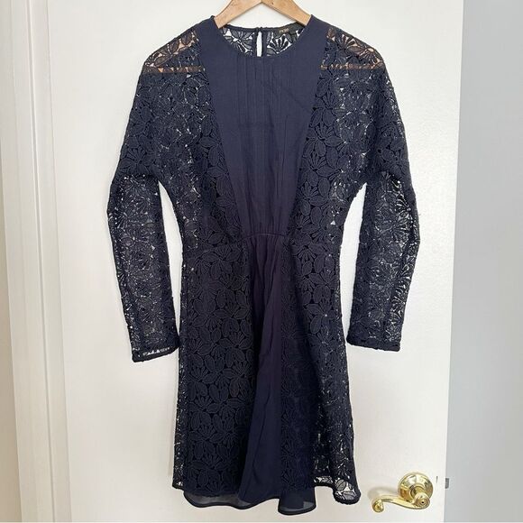 Maje Navy Blue Long Sleeve Lace Mini Dress - Picture 3 of 10